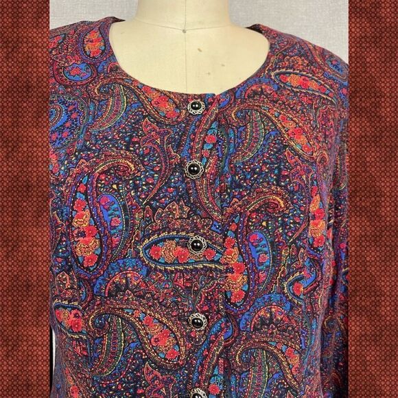 Vintage 1980s Kathie Lee Dress Paisley Dark Academia Purple Blue Sz S/M - Picture 2 of 9